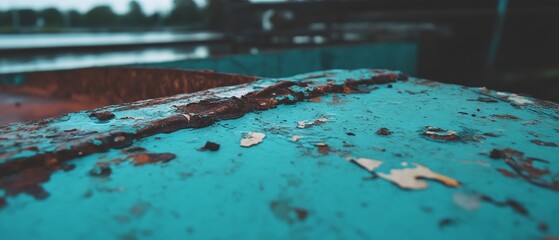 Poster - Texture of weathered metal surface showing fading paint and uneven ink distribution in natural light