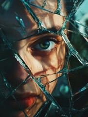 Leinwandbilder - Shattered glass creates a surreal reflection of a persons fragmented face revealing deep emotions and hidden thoughts. Generative AI