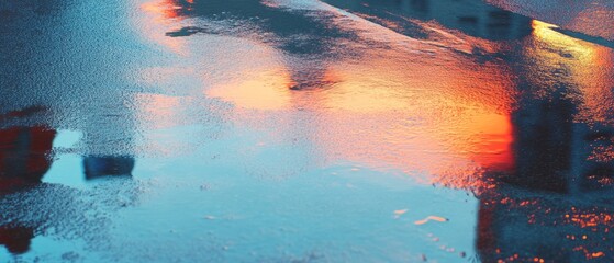 Poster - Vibrant reflections and puddles on wet asphalt create a dynamic urban texture during sunset