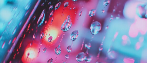 Poster - Raindrops on glass create vibrant patterns against blurred city lights at night