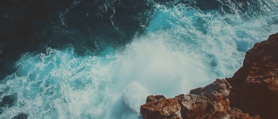 Aufkleber - Crashing ocean waves against rocky cliffs showcasing vibrant blue seascape textures