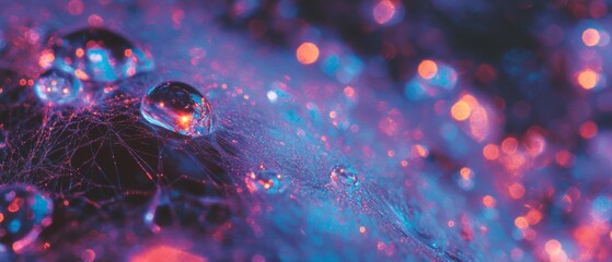 Poster - Vibrant water droplets on spiderweb create intricate patterns in a colorful display of nature