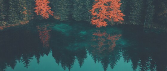 Poster - Water reflects vibrant forest colors in a serene lake view, showcasing seamless natural patterns