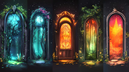 Wall Mural - Set of fantasy doors with mystical backgrounds isolated on transparent background. Mystic Forest Realm. Illustration