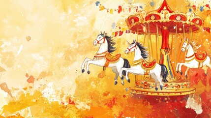Poster - Colorful carousel with galloping horses in a vibrant carnival setting during a festive atmosphere. Generative AI