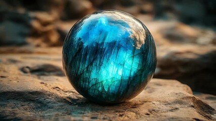 Wall Mural - A mystical blue sphere with reflections of clouds, resting on a rocky surface in a natural setting.