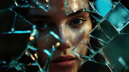 Leinwandbilder - Shattered glass reflects fragmented face of a person in a dimly lit room showcasing deep emotions and intricate details. Generative AI