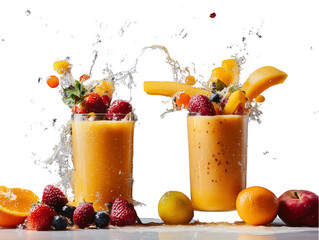 a colorful display of various fruits falling into two tall glasses filled with orange juice isolated on a transparent background