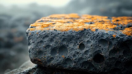 Wall Mural - Close-up of a textured rock showing orange and black hues, set in a natural environment, highlighting geological features.