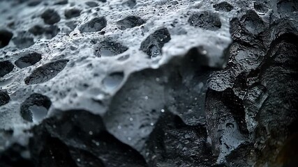 Wall Mural - Close-up view of a textured black rock surface with water droplets, resembling an otherworldly landscape.
