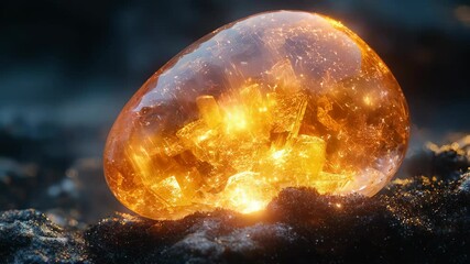 Wall Mural - A glowing amber stone with crystalline structures in a dark setting, showcasing nature's beauty.