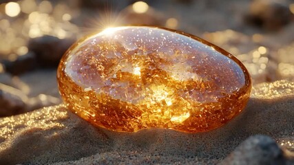 Wall Mural - A close-up of a shiny amber stone lying on a sandy surface with glimmers of light reflected on it.