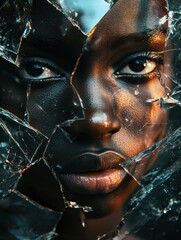 Leinwandbilder - Shattered glass reflecting fragmented parts of a persons face in an artistic composition with dramatic light and shadows. Generative AI