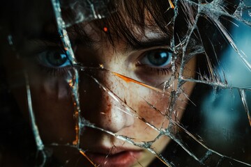 Poster - Shattered glass reflects fragmented features of a persons face with striking blue eyes looking through. Generative AI