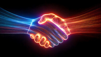 Poster - Abstract neon handshake graphic.  Vibrant blue and orange lines form stylized hands in a powerful agreement. Ideal for concepts of partnership, connection, technology, and innovation.