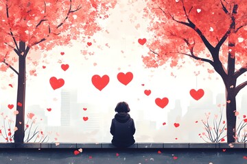 Poster - Person is sitting on a bench in front of a tree with many red hearts