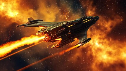 Poster - Futuristic spaceship soars through fiery space landscape leaving trails of flame, Futuristic spaceship flying through space with fiery thrusters, background