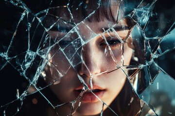 Leinwandbilder - Shattered glass reflecting a fragmented face creating a surreal and introspective atmosphere in dim light. Generative AI
