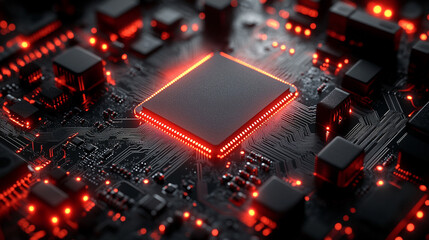 Abstract AI circuit board background showcasing technology connecting electronic elements, symbolizing the fusion of computing power and innovation in modern electronics. A blurred caption space invit