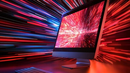 Fototapete - A sleek modern computer with vibrant lights emanating from the screen, creating a dynamic and futuristic atmosphere.