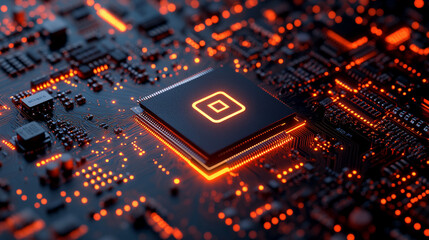 Abstract AI circuit board background showcasing technology connecting electronic elements, symbolizing the fusion of computing power and innovation in modern electronics. A blurred caption space invit