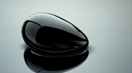 Leinwandbilder - Close up view of a reflective black oil droplet resting on a smooth surface, showcasing its glossy texture and unique shape. Generative AI