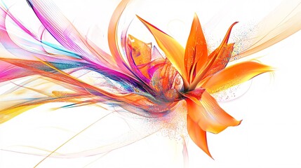 Poster - Vibrant abstract orange flower with colorful flowing elements, showcasing movement and energy.