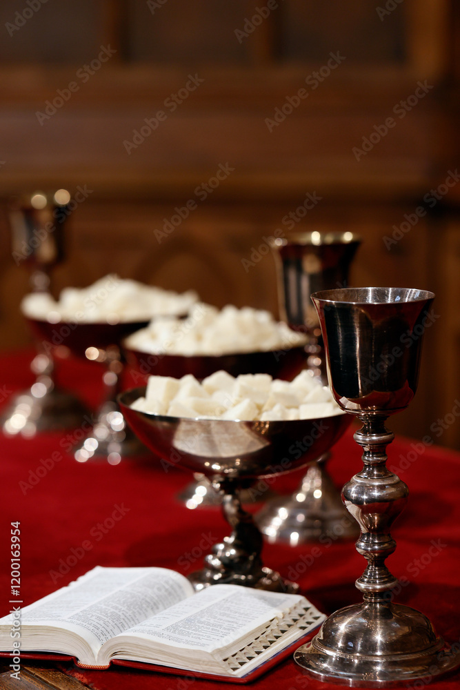 Protestant church. Bible, vine and bread on altar. Communion in memory ...