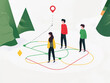 © AI future - Three individuals navigating a winding path through a snowy landscape while using a red marker to indicate their location on a digital map during winter