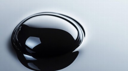 Poster - Close up of a black oil drop reflecting light against a smooth surface in natural light. Generative AI