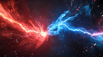 Wall Mural - Epic cosmic battle, fire and ice collision, blue lightning vs red flames, energy beams clashing, space background, star field, explosive particle effects. Cosmic Space Vortex. Illustration