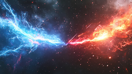 Wall Mural - Epic cosmic battle, fire and ice collision, blue lightning vs red flames, energy beams clashing, space background, star field, explosive particle effects. Cosmic Space Vortex. Illustration