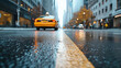 © Bonsales - Yellow taxi cab driving away on a wet street in Manhattan, New York City, after the rain with reflections and lights