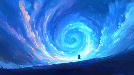 Wall Mural - in a mesmerizing digital illustration, a swirling vortex of blue light dances across the cosmic expa