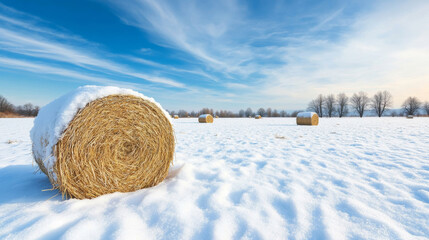 Wall Mural - round hay bales covered in snow resting on a vast agricultural field in winter, creating a peaceful 