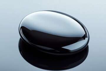 Leinwandbilder - Close up view of a shiny black oil drop resting on a reflective surface in soft light. Generative AI