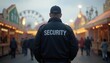 © 2April - Adult man security guard in black jacket with security text on the back, standing in front of a fair with a Ferris wheel, looking at people.