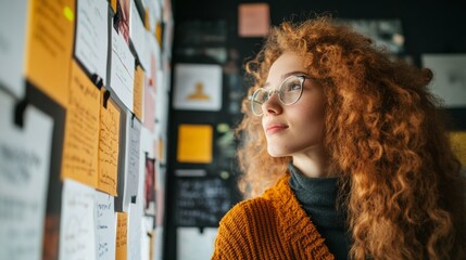 Canvas Print - Thoughtful Woman with Curly Hair Looking at Notes on a Wall