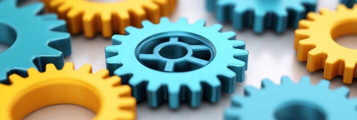 Poster - Dynamic manufacturing background featuring abstract gears and cogs in vibrant blue and yellow hues