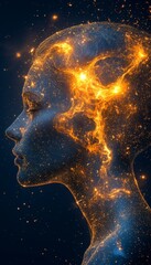 Poster - Woman Profile, Cosmic Mind Abstract Energy Flow, Imagination, Creativity And Duality Concept.