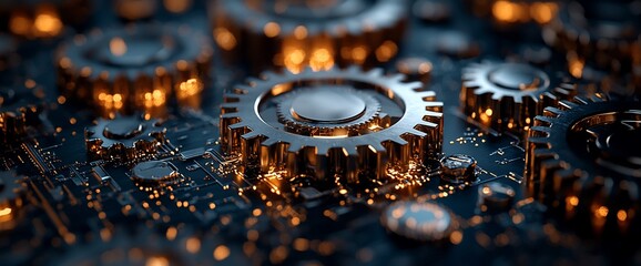 Poster - Close-up of intricate metallic gears on a circuit board.