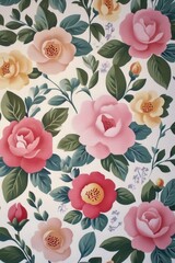 Wall Mural - Beautiful floral pattern featuring colorful roses and leaves on fabric