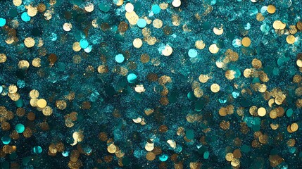 Poster - A vibrant teal and gold glitter background filled with scattered confetti circles, creating a festive and celebratory atmosphere.