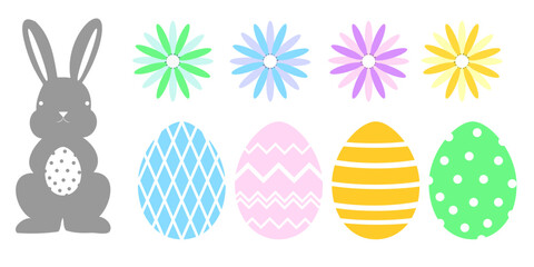 Wall Mural - easter multicolored vector elements. minimalist style. easter eggs flowers and rabbit