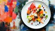 © fivan - A dish featuring food plated to mimic abstract art brushstrokes, isolated on a painter’s palette surface