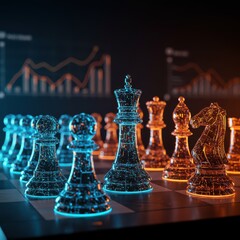 A chessboard with holographic pieces and AI for data analysis and strategy development