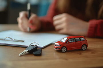 Wall Mural - Car key, model and woman signing purchase agreement at wooden table, selective focus. Buying auto