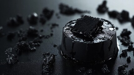 Avant-garde dessert made with edible charcoal and liquid nitrogen, isolated on a sleek black surface