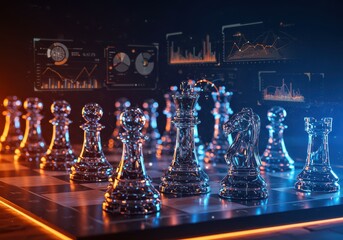 A chessboard with holographic pieces and AI for data analysis and strategy development