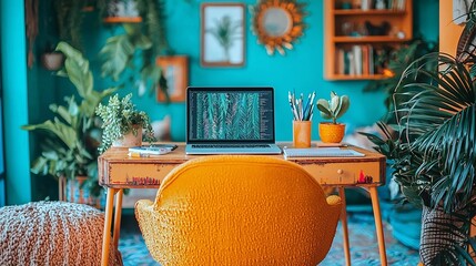 Poster - Laptop on desk in vibrant home office.